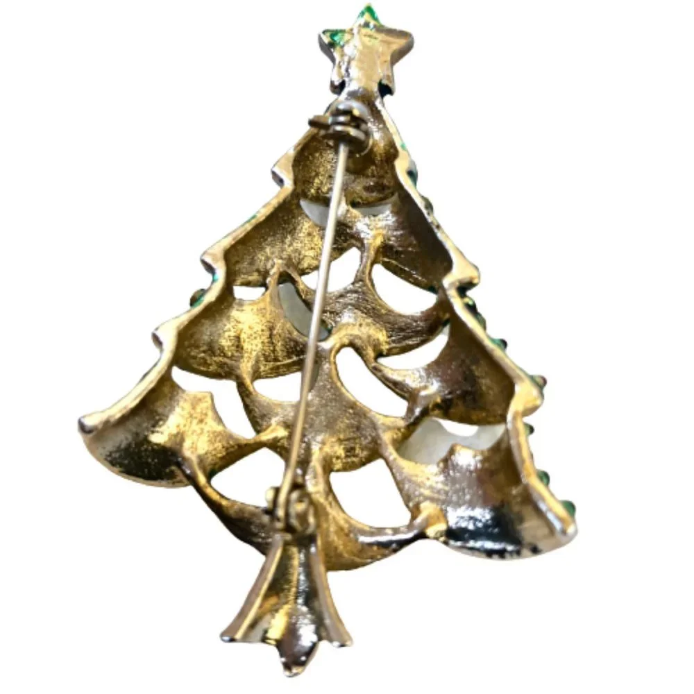 Vintage Christmas Tree Brooch Green Enamel Clear Rhinestones See Thru Cut-Outs